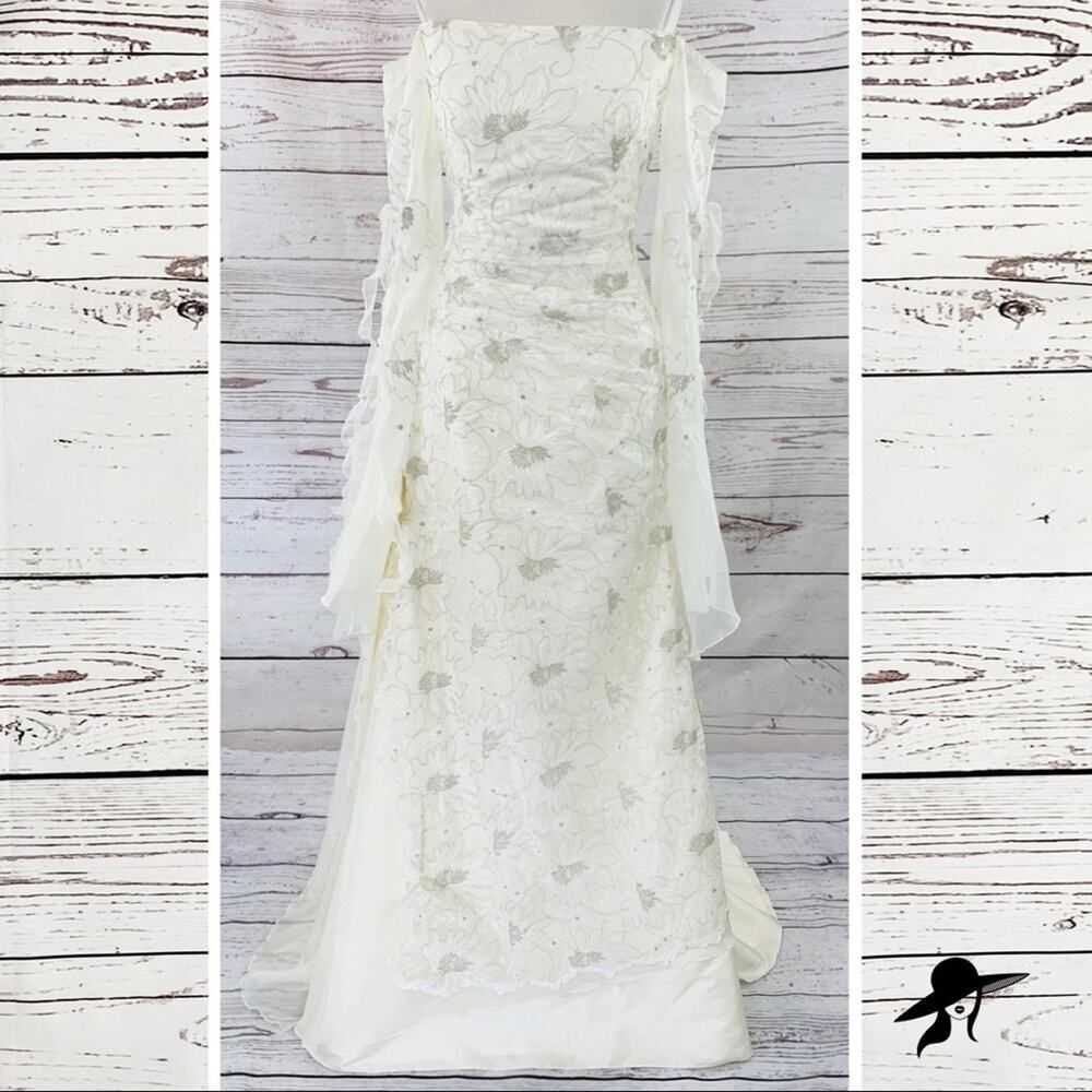 Demetrios Fairytale Gown, Size 10 Ivory Embroidered Overlay Off-the-Shoulder